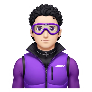 male athlete with white skin and moderately curly black hair on top with shaved sides, wearing ski goggles with purple frames and very dark black lenses, a simple plain black chain necklace, and a completely unzipped/wide open shiny purple vest fully revealing his chest and abs, no earrings sticker