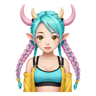 En anime-jente med to rosa lange tykke fletter og cyan striper i håret, ku-horn og ku-ører, sort BH-topp over en gul cropped-fleece-blouse sticker