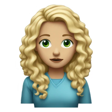 A girl with a very concerned face with long blond curly hair and green blue eyes sticker