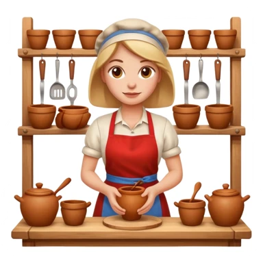 cartoon Apple iOS emoji style woman, pastel colors, Chilean wooden kitchen background, clay pots, warm light, detailed and clean vector art sticker