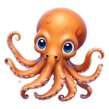 Cinematic Cute Octopus Portrait Emoji, Head tilted playfully and inquisitively, featuring a rounded, light orange body embellished with playful blue rings, eight adorably curling arms, and big, twinkling eyes full of wonder, Simplified yet irresistibly adorable features, highly detailed, glowing with a warm, inviting underwater glow, high shine, affectionate and lively, stylized with a touch of whimsical cartoon charm, soft glowing outline, capturing the essence of a mischievous yet loving octopus that seems as if it could bob out of the screen into your arms! sticker