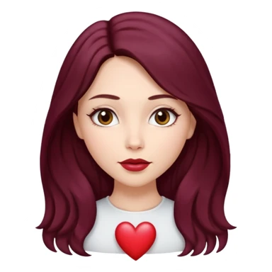 young white woman 
brown almond eyes
heart shaped lips
Long waist-long hair, center parted
slightly wavy
dark burgundy hair\ sticker