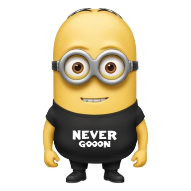 A buff minion wearing a black t shirt top with the words “never GOON” on the shirts chest area sticker