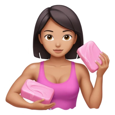 sexy and muscled tanned asian girl, washing room with pink soap sticker