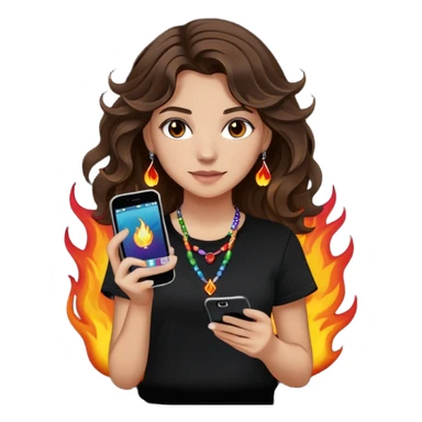 brunette girl with wavy medium length hair, brown eyes, light/medium skin tone, holding iPhone and light phone, wearing black tee shirt with flames on it and colorful beaded charm necklace sticker