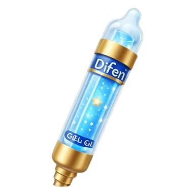 Slim blue Differin Gel tube with white cap and golden glow around the “GEL” label. Floating in a soft blue aura with tiny glowing stars and clear orbs spiraling upward. Emits a focused beam of clarity magic, like a blemish-banishing spell sealed in a sleek, futuristic wand. sticker