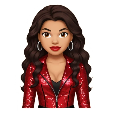 Jordin Sparks with long dark brown hair, red sequin outfit sticker