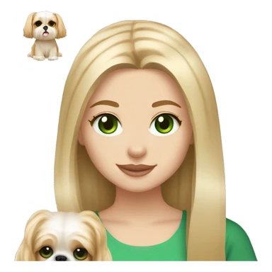 Girl with long blonde hair, freckles on her cheeks, and bright green eyes holding an all beige shih tzu dog  sticker