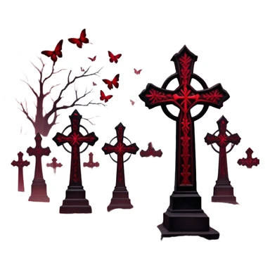 A hauntingly beautiful scene with Gothic crosses shrouded in deep red mist, as crimson butterflies flutter around them. The atmosphere is dark yet mesmerizing, with shades of red and black blending into an eerie glow.
 sticker
