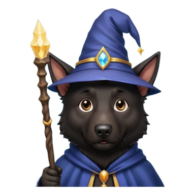 all black german shepherd face wearing a wizard hat and staff and magic emmiting from him sticker