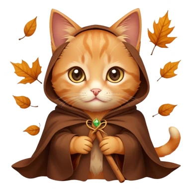 A russet-colored kitten with a cloak, piercing golden eyes, holding a cinnamon stick, surrounded by falling leaves and mystery vibes. sticker