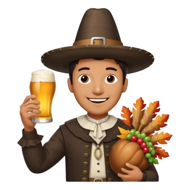 Mexican man dressesd as a Thanksgiving Pilgrim  holding a Turkey drumstick and a Corona beer sticker