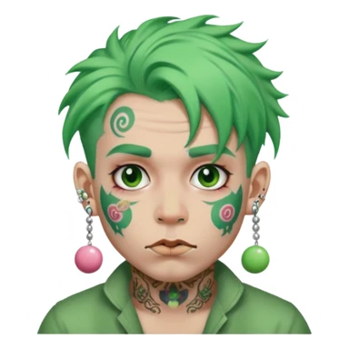 very colorful puffy green haired man made out of candy  and excessive face tattoos and excessive piercing just face  sticker