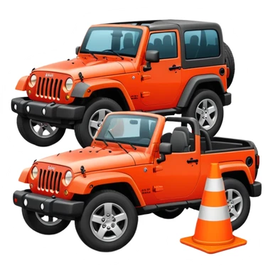 red Jeep Wrangler with an all-white traffic cone flattened under the tire, no stripes or markings, emoji style sticker