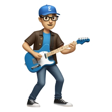 A nerdy white guy with glasses with short brown hair wearing a baseball cap playing a blue classic telescaster sticker