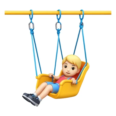iOS-style 3D emoji: a colorful plastic child swing with a safety bar in front, hanging from two ropes, glossy surface and soft shadows sticker