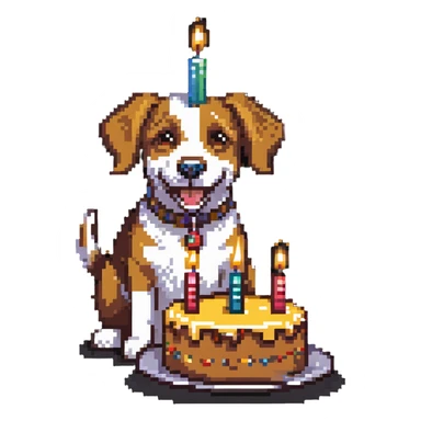 happy dog with candle-lit birthday cake sticker