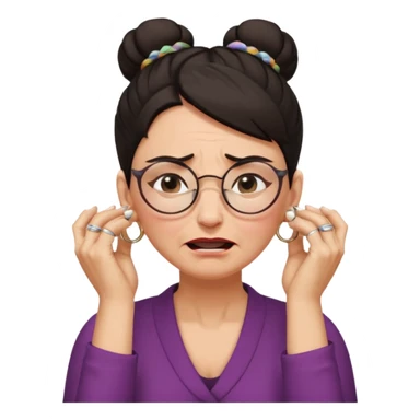  middle aged woman with dark hair pulled up in a high bun, wearing round ring earrings and glasses, expression extreme pain on her face, covering her ears with her hands very painful expression on her face, eyes squeezed shut, wincing in pain covering her ears with her hands sticker