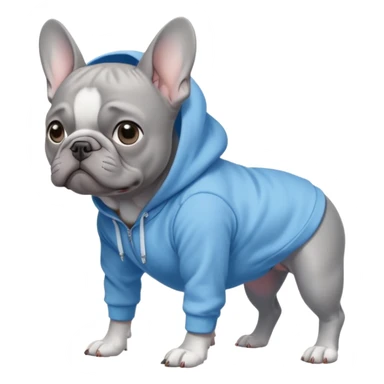 A full body grey French bulldog with blue eyes, on all fours wearing a light blue hoodie with the hood down sticker