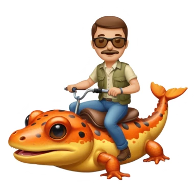 Mustachioed man with sunglasses riding a salamander on a river sticker