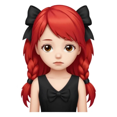 red long twin tail hair girl with black bow on her hair wearing black dress with a sad face sticker