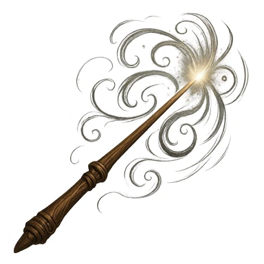 a wand inspired by Harry Potter, magical, detailed, fantasy style, glowing tip, elegant, wood texture, swirling energy, enchanted sticker