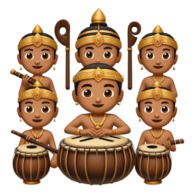 Cinematic Realistic Gamelan Pop Culture Emoji, depicted with an ensemble of traditional Indonesian instruments rendered with rich textures and rhythmic, cultural lighting. sticker