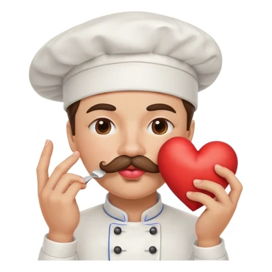 Happy puckered lips emoji with mustache wearing chef hat kissing emoji heart at pinched fingers emoji sticker