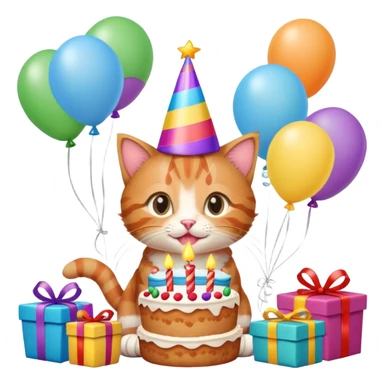 Ginger tabby kitten celebrates birthday, birthday hat, birthday cake, balloons, happy, gifts sticker