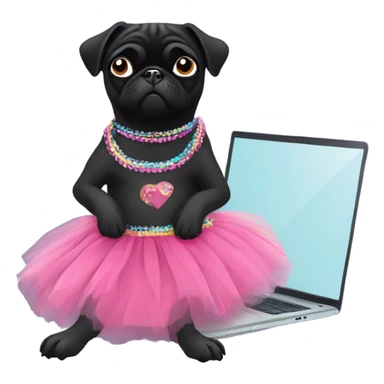 Black pug using a laptop while wearing a tutu dress sticker