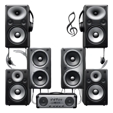 Icon for R&B Music Listening: large concert speakers and headphones with waves of musical notes coming out, along with drums and bass guitar and saxophone. The icon should convey the energetic and rhythmic vibe of R&B music. Transparent background sticker