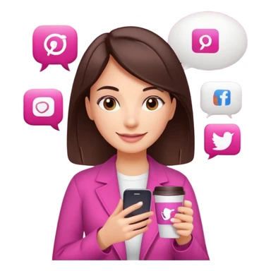 Social media manager. She has dark brown hair, brown eyes, a friendly smile. She is holding a smartphone and a coffee cup. Include subtle marketing elements like small icons of hashtags or a speech bubble, instagram logo. Use vibrant colors with a focus on pink and fuchsia tones. sticker