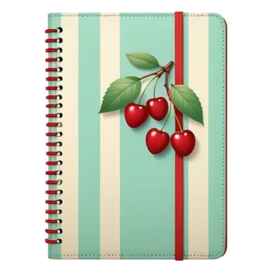 Cute vintage notebook cover, mint and cream vertical stripes, red spine
Hand-drawn cherries with leopard bow, playful feminine aesthetic
Flat illustration, clean composition, soft retro color palette sticker