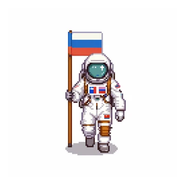 Cosmonaut walking on a planet surface, wearing a spacesuit with Russian flag, light hair and light skin visible through helmet sticker