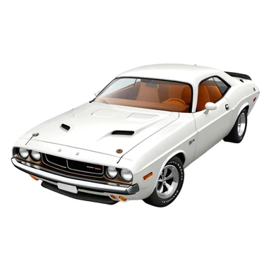 Accurate white 1971 Dodge Challenger, precise 30-degree three-quarter view, maintaining proper proportions and structure, detailed front grille and headlights, all-white exterior, iOS emoji style sticker