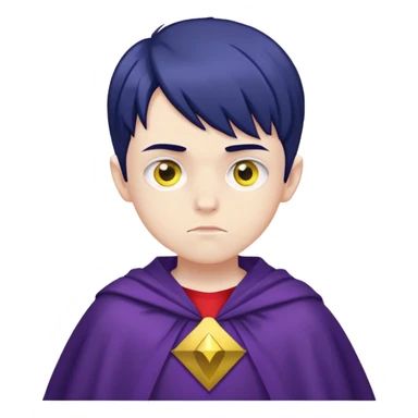 pale boy (13 years old) with a gloomy face. navy blue hair and yellow eyes. wearing a purple cape, red blouse and navy blue pants sticker