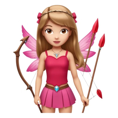 Hada sexy cupido pequeña  de cabello largo lacio castaño claro con flequillo y ojos cafés  vestida de top y falda roja y con arco y flechas cabello lacio labios rosas tipo Barbie pero en hada cupido sticker