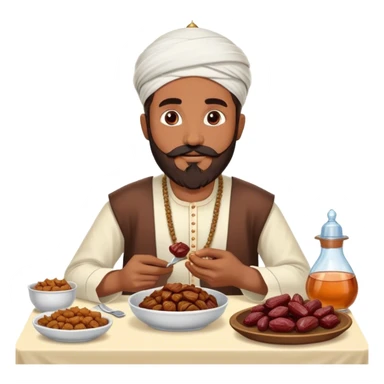Muslim man with beard and mustache wearing his religious clothes eating if they food : dates on table, meat with rice, fried foods on the table and fruits, water sticker