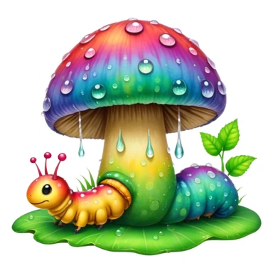 Tie dye mushroom with dew and a cute caterpillar  sticker