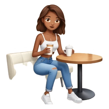 girl with brown hair and a crop top with a white bag and baggy jeans and have a coffee and sitting at the coffee shop  sticker