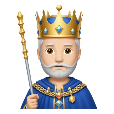 Bearded King, young king with short white beard, royal staff in hand, wearing crown, blue
 sticker