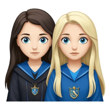 a pretty ravenclaw girl with long dark brown hair and blue eyes standing with a pretty Slytherin girl with long blonde hair, blue eyes sticker