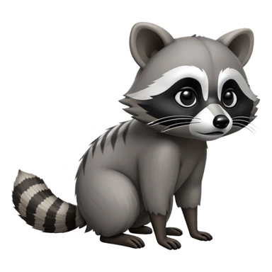 Cinematic-Raccoon-Realistic-hunched Full-Body on all fours-Emoji – Tail flicking lazily, head tilted dramatically, thick grey fur with a signature black mask, sharp and alert ears, simplified yet realistic focused features, highly detailed, glowing with an almost sarcastic glow. big black eyes sticker