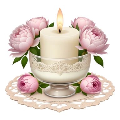 A small ivory wax candle in an ornate glass holder, placed on an antique lace doily, surrounded by loose soft pink rose petals, delicate white peonies, and blush dahlias, casting a warm, vintage glow.
 sticker