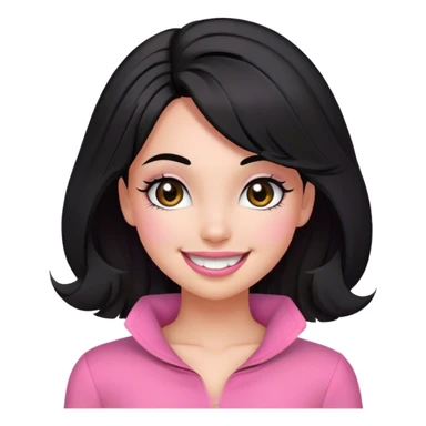 Olive toned girl with big smile, pink clothes, blowout black hair, round cute coquette face, brown eyes with pretty eyelashes sticker