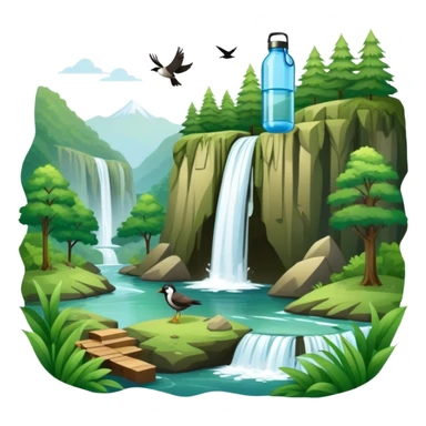 Icon for Ecotourism: a scenic landscape with lush green forests, a waterfall, and wildlife, such as birds or animals, with hiking trails and eco-friendly travel elements like a reusable water bottle. Transparent background. sticker