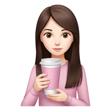 A white girl with long dark brown straight hair and a pale pink paper cup of coffee sticker