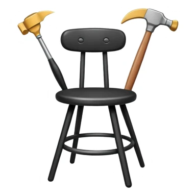 Minimalistic flat vector icon, iOS style, thin black contour on white background. Chair with hammer and paintbrush. No text, no shadows sticker