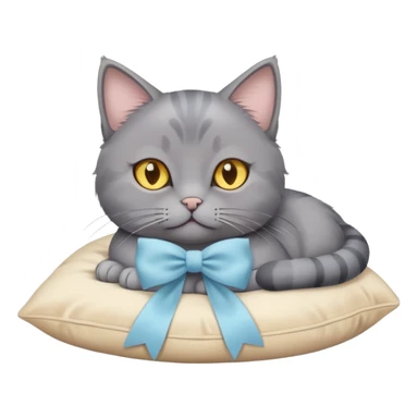 A grey cat with yellow eyes and a light blue bow sits on a beige pillow



 sticker