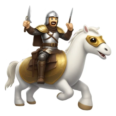 Confident armored White Man with dark brown hair and a short beard pointing forward with one arm yelling a battle charge while riding on the back of a giant armored duck sticker